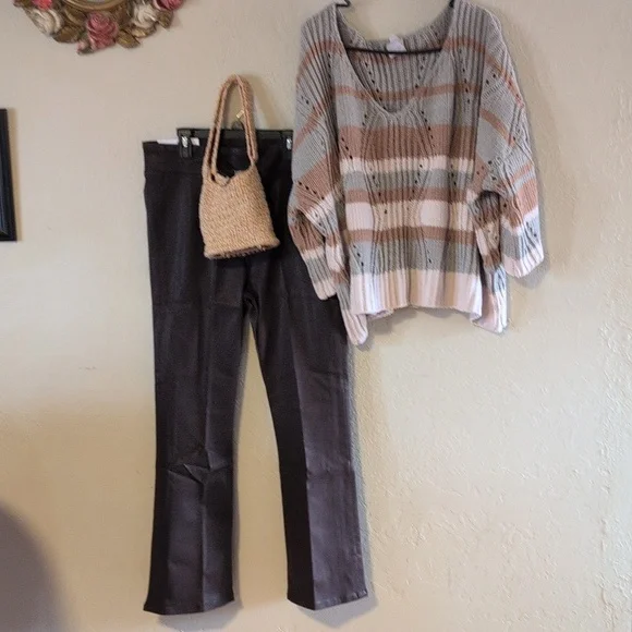 POL V-Neck Striped Sweater -Desert Sage Camel& Cream Cozy Soft Dropped Shoulder - Picture 13 of 13